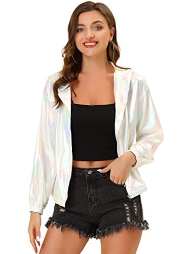 Holographic Shimmer Zipper Hooded Metallic Jacket for Women