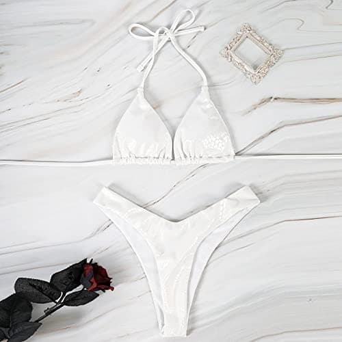 ABAFIP Women Shiny Hologram Rave Halter Bikini Sets