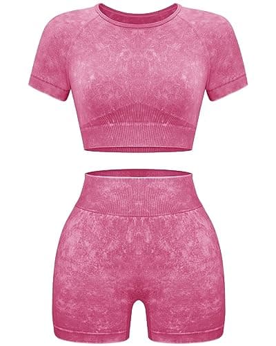 OLCHEE Women's Acid Wash Yoga Shorts & Crop Top Gym Outfit Set