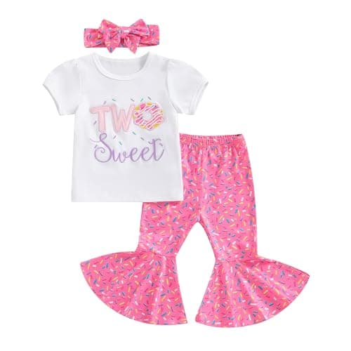 3Pcs Baby Girl Birthday Outfit Sweet One Two Short Sleeve T-Shirt Tops Bell Bottom Pants Set
