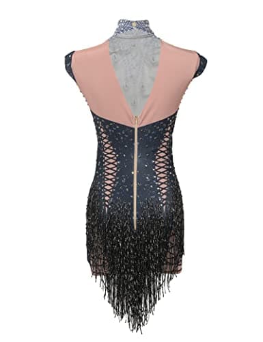 YUANTONG Sparkly Rhinestone High Neck Sleeveless Fringe Drag Queen Dance Costume