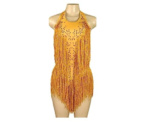 HEYDHSDC Sparkly Crystals Fringe Bodysuit Dance Costume
