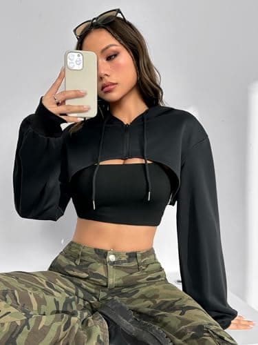 Super Crop Hoodie Sweatshirt with Zipper and Drawstring