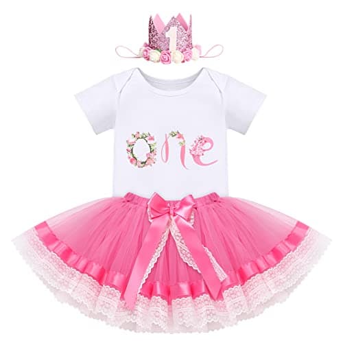 IBTOM CASTLE Baby Girl 1st Birthday Floral Lace Romper & Tutu Set+Crown Photo Clothes