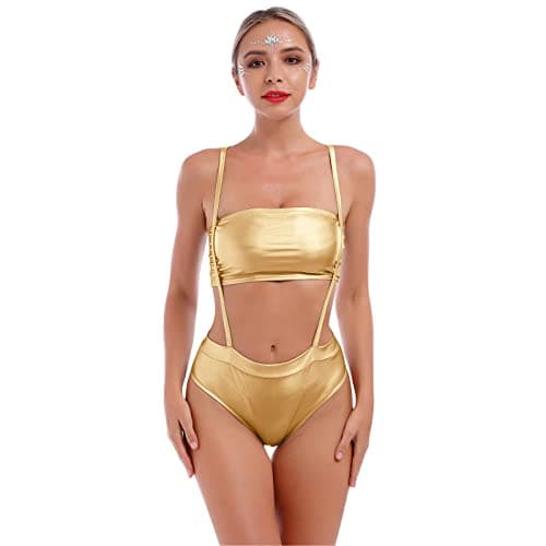 IMEKIS Women Metallic Rave Crop Top Bodysuit Disco Dance Clubwear