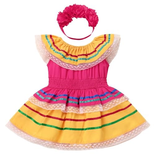 Baby Girl Mexican Fiesta Romper Dress with Flower Headband