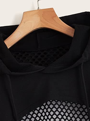Drawstring Fishnet Hoodie Crop Tops