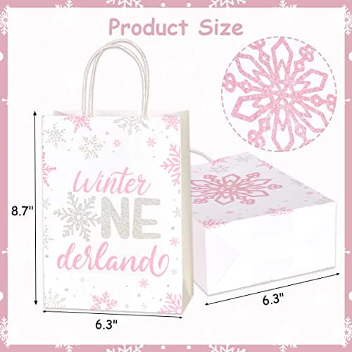 Fangleland Pink Silver Snowflake Birthday Party Bags 16pcs Winter Treats