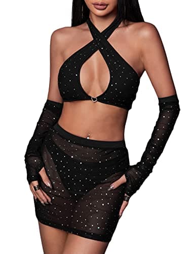 Verdusa Women's Glitter Mesh Halter Top & Skirt Set with Arm Sleeves