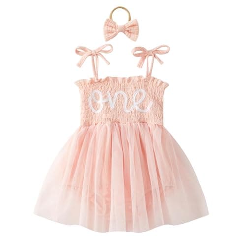 DLLYING Baby Girl Summer Smocked Fairy One-Piece Tulle Dress + Headband
