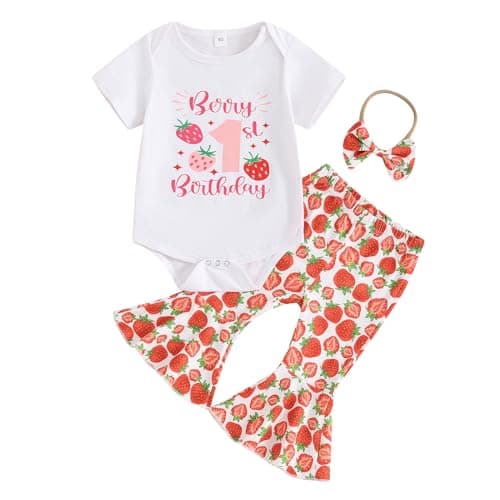 Strawberry Bell Bottoms Romper for 1st Birthday Girl