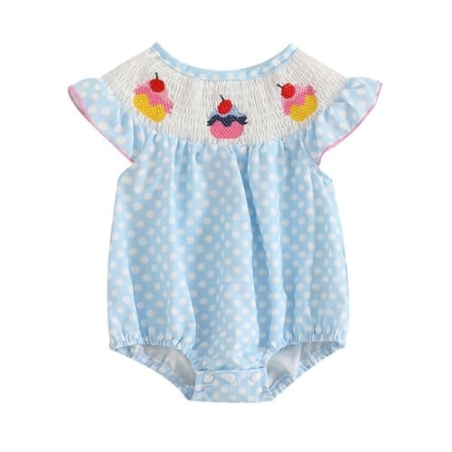 Amiblvowa Baby Girl 1st Birthday Sleeveless Embroidery Smocked Romper