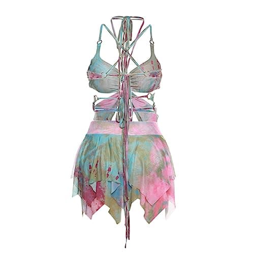 Y2K Women's Festival Mesh Crop Top and Ruffle Skirt Set