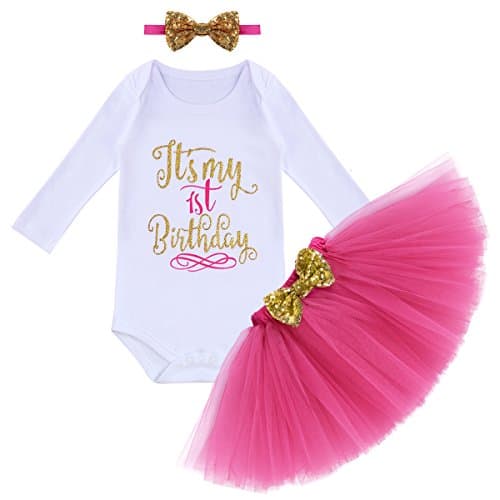 OwlFay Baby Girl 1st Birthday Crown Romper & Skirt + Bow Headband Party Dress Set