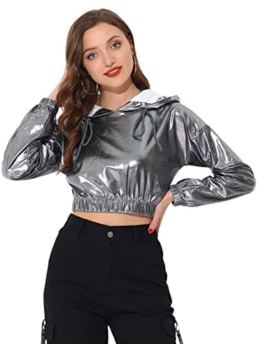 Holographic Metallic Crop Top Hoodies for Women