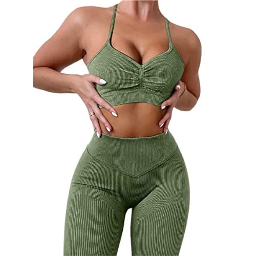 ABOCIW Women's Ribbed Seamless High Waist Scrunch Leggings with Sport Bra