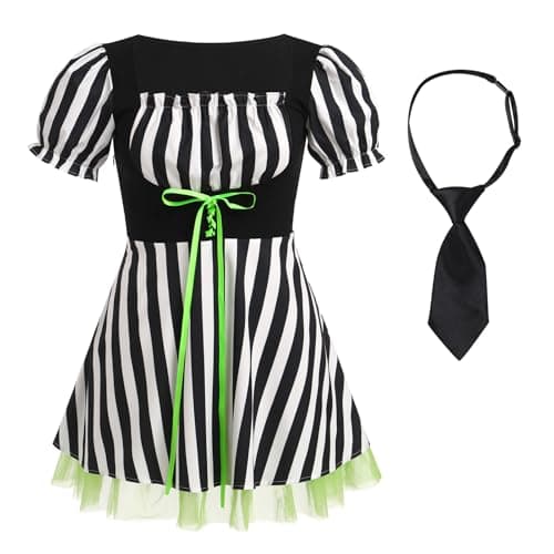 IMEKIS Women Black & White Striped Halloween Costume Lace-Up Tulle Gothic Dress Cosplay