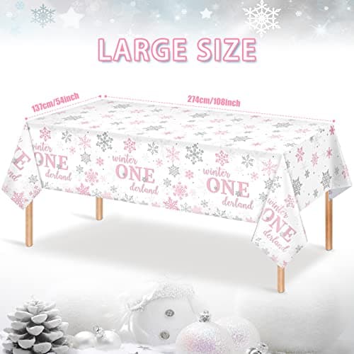 Jectivs 6Pcs Christmas Snowflake Tablecloth Pink & Silver Onederland 1st Birthday Decor 54x108inch