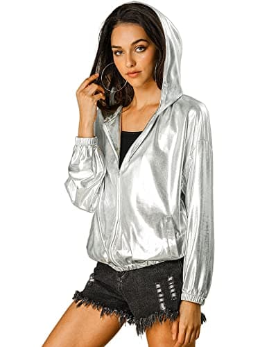 Holographic Shimmer Zipper Hooded Metallic Jacket for Women