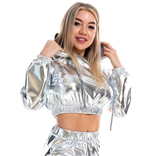 Metallic Cropped Hoodie Sweatshirt for Women