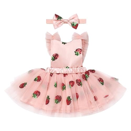 Toddler Baby Girls Strawberry Cherry Dress with Headband for Cake Smash Photo Shoot