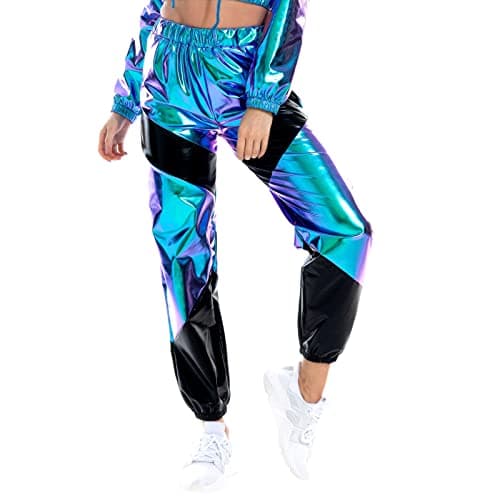 IMEKIS Women's High Waist Metallic Rave Jogger Pants Hip Hop Streetwear