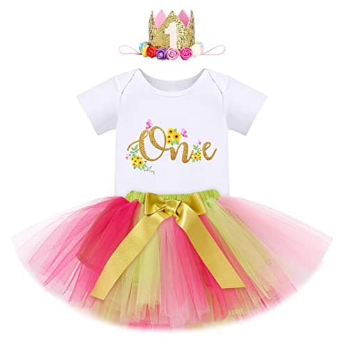 IBTOM CASTLE Baby Girl 1st Birthday Floral Lace Romper & Tutu Set+Crown Photo Clothes