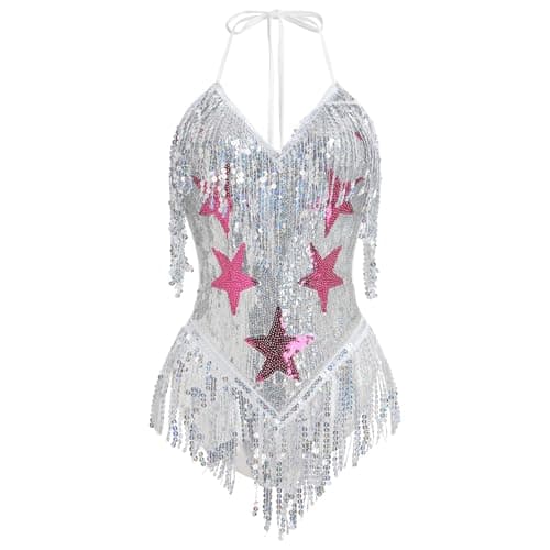 FYMNSI Women's Rave Bodysuit: Sleeveless Sequin Tassel Leotard for Nightclub and Halloween