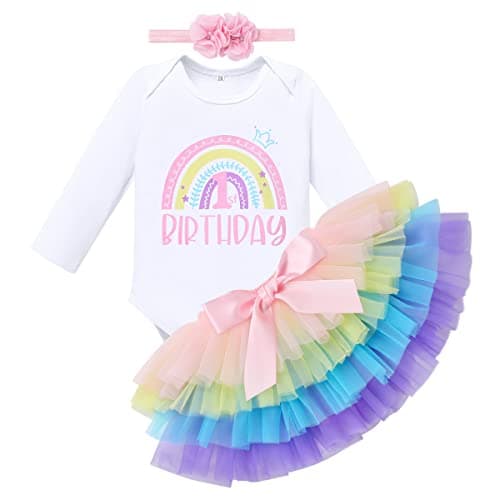 IMEKIS Boho Rainbow Baby Girl 1st & 2nd Birthday Outfit Romper + Tutu + Headband