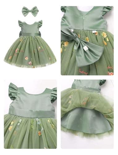 IMEKIS Toddler Girls Satin Tulle Dress with Headband Embroidery