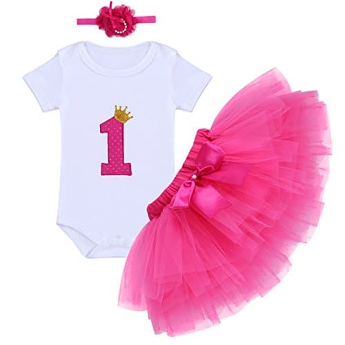 OwlFay Baby Girl 1st Birthday Crown Romper & Skirt + Bow Headband Party Dress Set