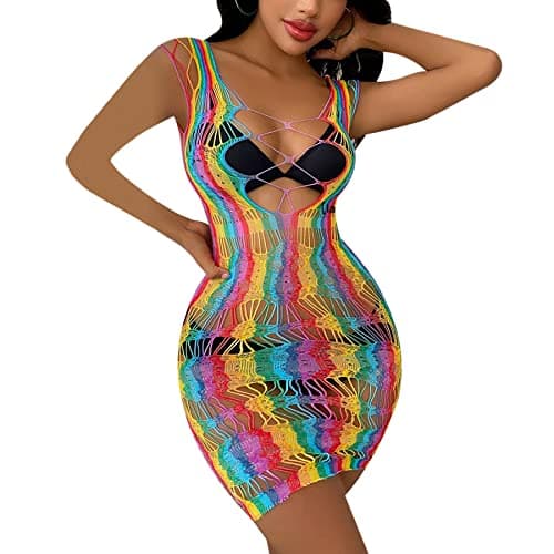 MINGSEECESS Women's Rainbow Striped See-Through Bodysuit Bikini Cover-Up