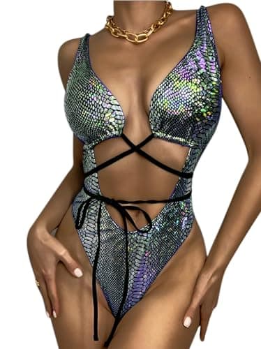JUMISEE Women's Holographic Snakeskin Wrap Swim Suit