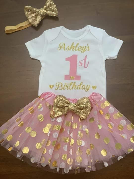 Funmunchkins Personalized 1st Birthday Gold & Pink Tutu Outfit