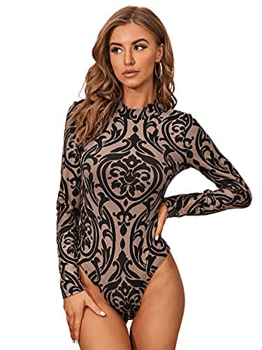 SweatyRocks Women's Leopard Long Sleeve Mesh Bodysuit