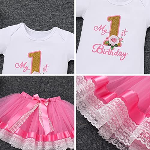 IBTOM CASTLE Baby Girl 1st Birthday Floral Lace Romper & Tutu Set+Crown Photo Clothes