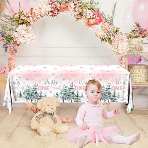 HAKOTI Pink Snowflake Tablecloth for 1st Birthday Winter Wonderland Decor
