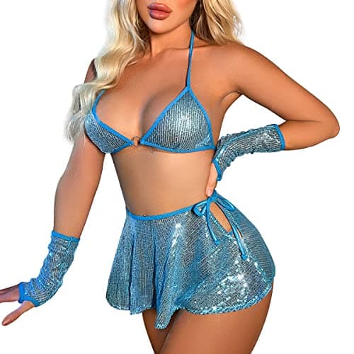 IMEKIS Metallic Rave Outfit for Women - Shiny Crop Top Bra Skirt Swimsuit Costume for Music Festivals and Halloween Cosplay