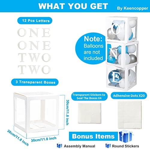 Keencopper 1st Birthday Decorations - 3 Pcs Balloon Boxes, Clear Blocks, Letter Props