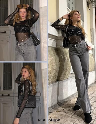 Women's Mesh Long Sleeve Bodysuit with Snap Crotch