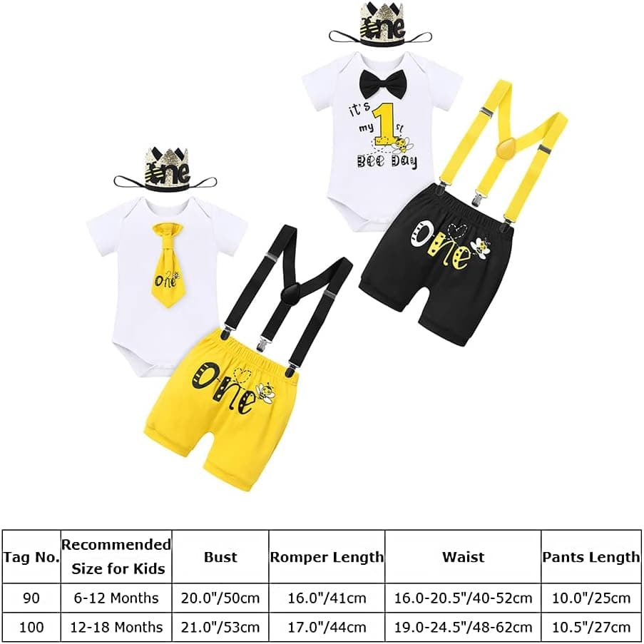 Baby Boys Bee 1st Birthday Outfit Cake Smash Romper Necktie + Shorts Pants + Crown Headband Clothes Set Photo Shoot