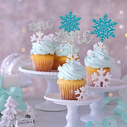 Gyufise 24 Pack Blue Silver Glitter Snowflake Cupcake Toppers for Winter Birthday