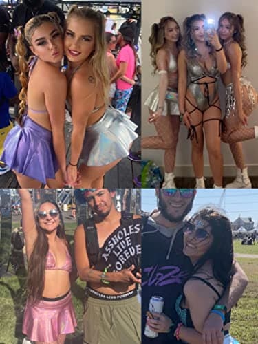 EVELUST Rave Outfits for Women - Metallic Holographic Strappy Bikini Top Bottom Beach Skirt