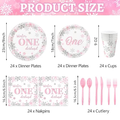Oigco Winter Onederland Pink & Silver Snowflake Plates & Napkins Set