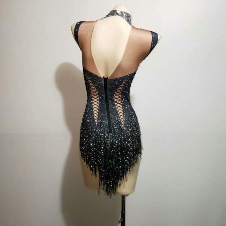 YUANTONG Sparkly Rhinestone High Neck Sleeveless Fringe Drag Queen Dance Costume