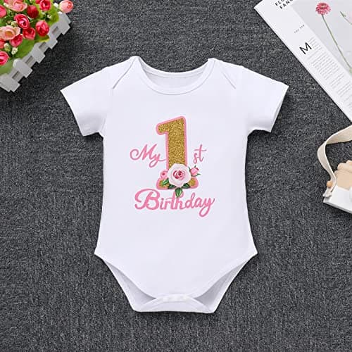 IBTOM CASTLE Baby Girl 1st Birthday Floral Lace Romper & Tutu Set+Crown Photo Clothes