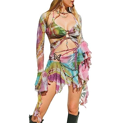 Y2K Women's Festival Mesh Crop Top and Ruffle Skirt Set