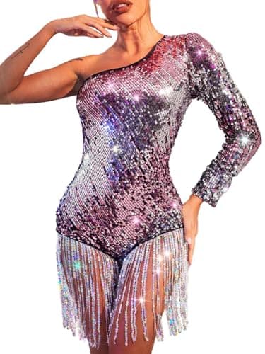 TWINKLEDE Glitter Fringe Romper Dress One Sleeve Party Costume for Women