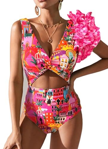 SPORLIKE Women Twist Front Flounce Padded One Piece Swimsuit
