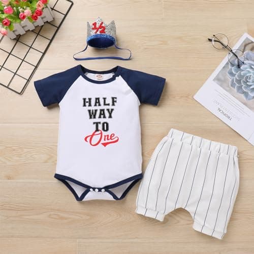 Half Birthday Outfit for Baby Boy: Romper, Suspenders, Crown Smash Cake Set